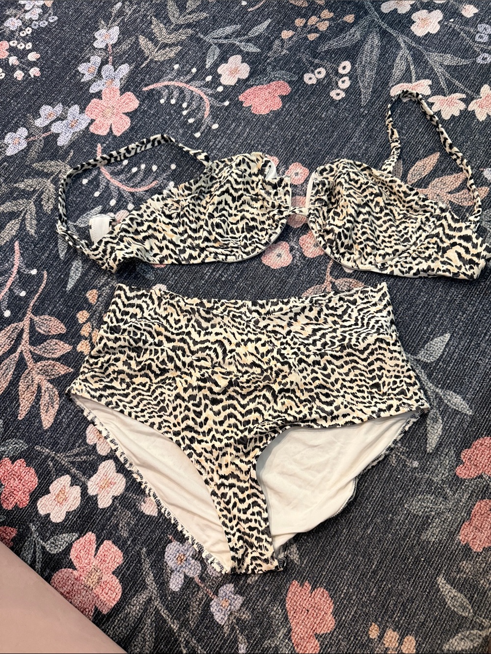 aerie Black and Beige Animal-Print High-Waist Bikini Set